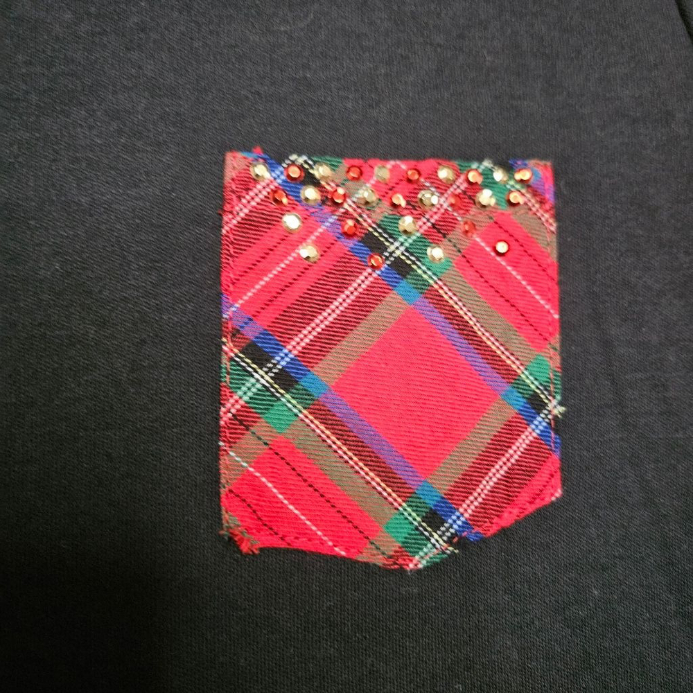 Quacker Factory XS Black with Red Tartan Plaid Pocket 3/4 Sleeve Tunic Shirt - Picture 7 of 8